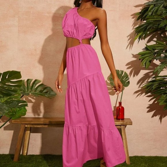 PINK PUFF SLEEVE ONE SHOULDER WAIST CUT OUT DETAIL MAXI DRESS SUMMER VACAY - Picture 2 of 6